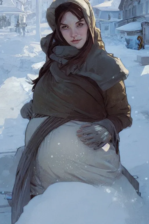 Prompt: portrait of a pregnant woman in the besieged Leningrad in winter, terror, fear, digital painting, artstation, concept art, smooth, sharp focus, illustration, art by artgerm and greg rutkowski and alphonse mucha