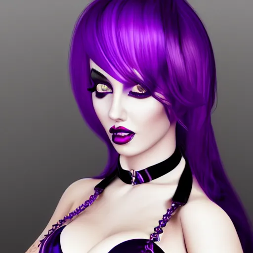 Image similar to curvy feminine hot goth woman with dignified elaborate tight purple-black-silver nylon and latex ballroom gown, black choker necklace, amorous posture, shiny lipstick, photorealistic, cgsociety, sublime, 16k, smooth, sharp focus, ArtStation, hyperdetailed, volumetric lighting