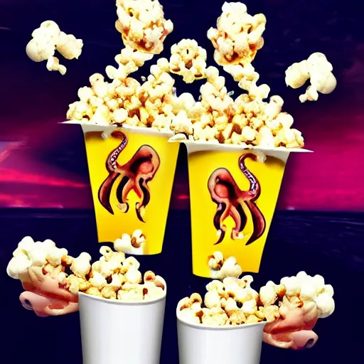 Image similar to hyper realistic, two headed squid eating popcorn at the cinema