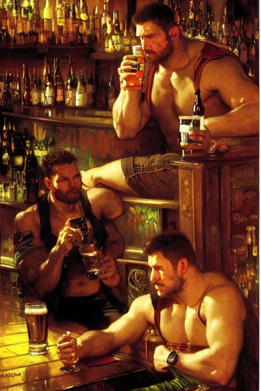 Image similar to chris redfield drinking beer in a bar, painting by gaston bussiere, craig mullins, greg rutkowski, alphonse mucha