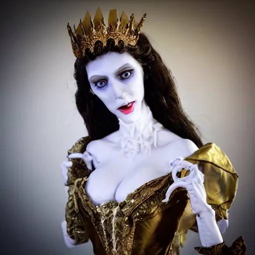 Prompt: photo taken of an epic intricate, ultra detailed, super realistic bust of a majestic gracious regal beautiful aristocratic victorian female vampire stop motion puppet created by weta workshop, menacing, some zoomed in shots, photorealistic, sharp focus, white wall, extremely cold blueish colour temperature, 3 5 mm, f 1. 4, golden ratio