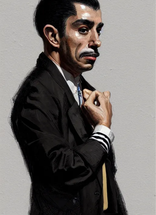 Image similar to portrait of a hispanic man with a crooked nose and a confident expression, 1 9 6 0 s, black clothes, punk, funk, intricate, elegant, highly detailed, digital painting, artstation, concept art, smooth, sharp focus, illustration, art by wlop, mars ravelo and greg rutkowski