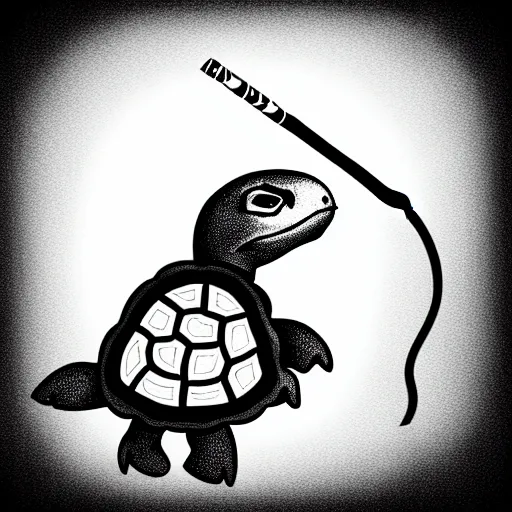 Image similar to storybook illustration of a turtle smoking a cigarette, storybook illustration, monochromatic, black and white