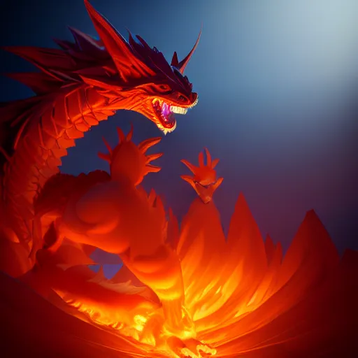 Prompt: a high resolution render of dragon mixed with kurama from naruto movie by johannen voss by david cronenberg by francis bacon by peter kemp by octane render blender 8 k isometric dof neon colours