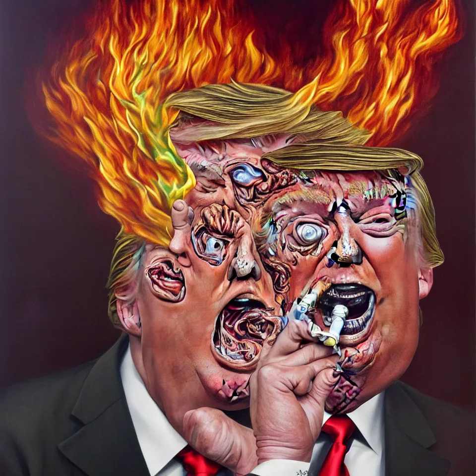 Image similar to weird and disturbing psychedelic donald trump smoking weed, laughing and screaming, ash burned on his face, horrible burns, diffuse lighting, fantasy, intricate, elegant, highly detailed, lifelike, photorealistic, oil painting, illustration, concept art, smooth, sharp focus, art by francis bacon