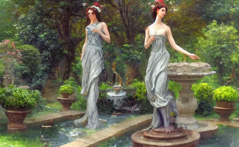 Prompt: The kneeling statue of a woman in a beautiful garden, next to a fountain and a mystical palace, and all this in a foggy and mysterious atmosphere. Fantasy and concept art by Konstantin Razumov.