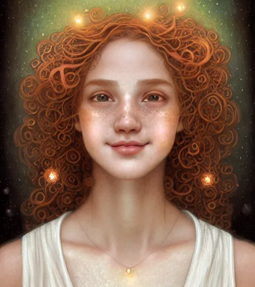 Image similar to portrait of teenage aphrodite, light freckles, curly copper colored hair, smiling kindly, wearing an embroidered white linen dress with lace neckline, intricate, elegant, mother of pearl jewelry, glowing lights, highly detailed, digital painting, artstation, concept art, smooth, sharp focus, illustration, art by wlop, mucha, artgerm, and greg rutkowski