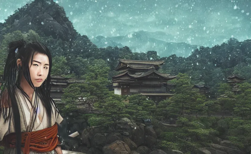 Image similar to highly detailed 3 d render of native japanese woman shinobi warrior standing in wet japanese village from sengoku period, surrounded by dense rock formations, high in mountains, blue night, cinematic lighting, raytracing, high contrast