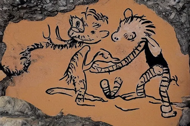 Image similar to calvin and hobbes in cave painting style