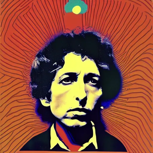 Prompt: psychedelic design of bob dylan by paul rand