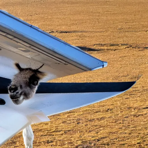 Image similar to llama sitting on a plane wing