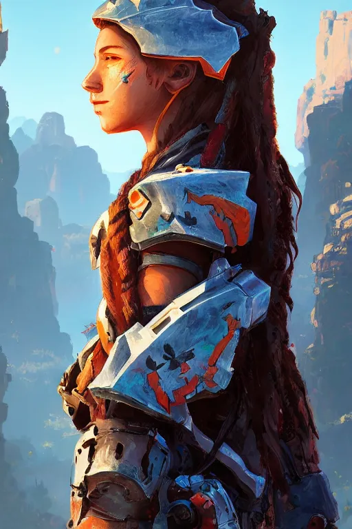 Image similar to combination suit armor aloy horizon forbidden west horizon zero dawn radiating a glowing aura global illumination ray tracing hdr fanart arstation by ian pesty and alena aenami artworks in 4 k tribal robot ninja mask helmet backpack