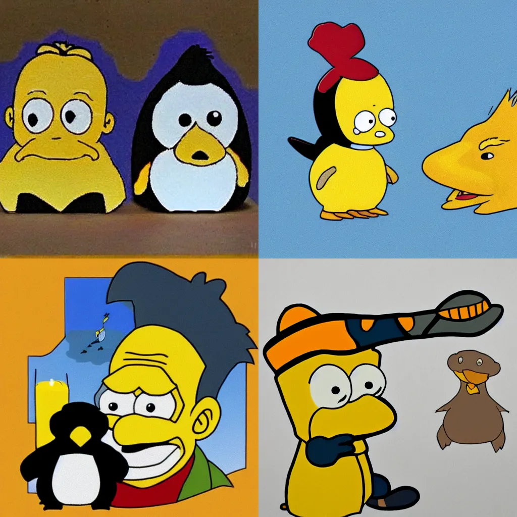 Prompt: platypus and a penguin in the style of the simpsons