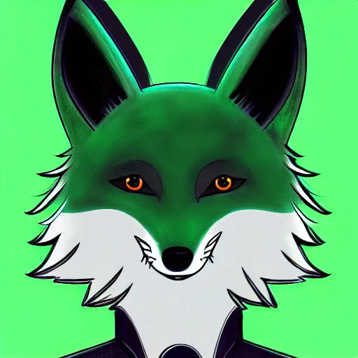 Image similar to anthropomorphized fox in anime style, green and black colors, digital painting, hd, concept art