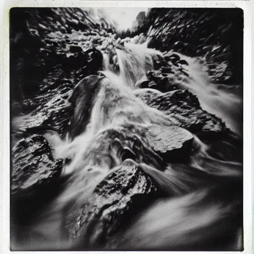 Image similar to a deep dark vertical shaft with rushing water, creepy, eerie, unsettling, terrifying, jagged rocks, dark, old polaroid, expired film,