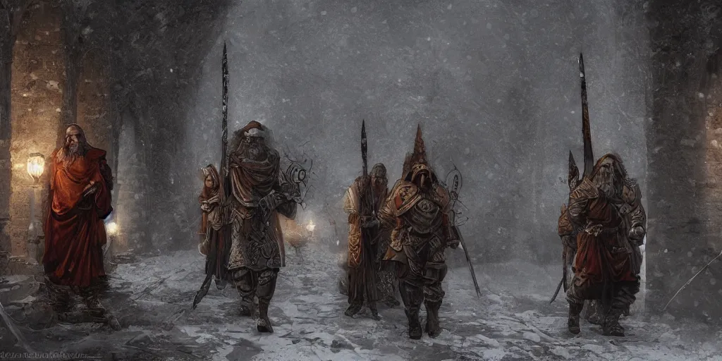 Image similar to byzantine styled warrior - monks patrol the streets of a sacred necropolis in winter, sharp focus, intricate concept art, ambient lighting, artstation