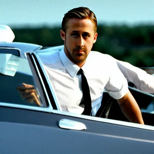 Image similar to ryan gosling driving a mustang, in american psycho ( 1 9 9 9 )