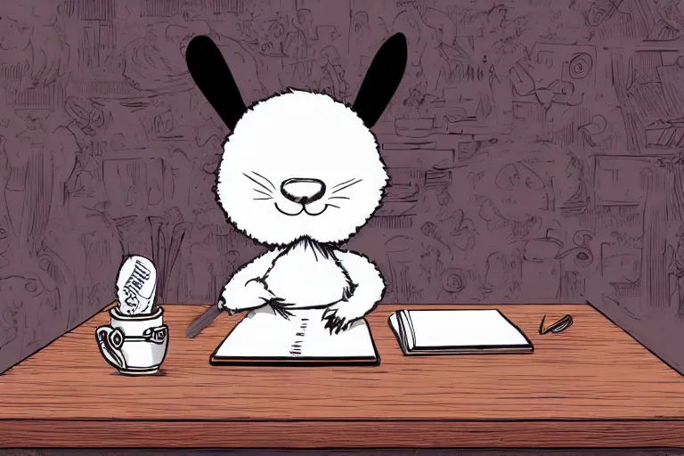 Image similar to a cute fluffy rabbit sitting at a desk, pop surrealism art style, rubberhose animation character style, intricate, toon render, black ink on white paper