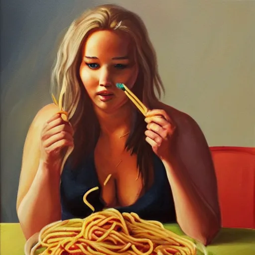 Prompt: fat jennifer lawrence eating spaghetti, painting,