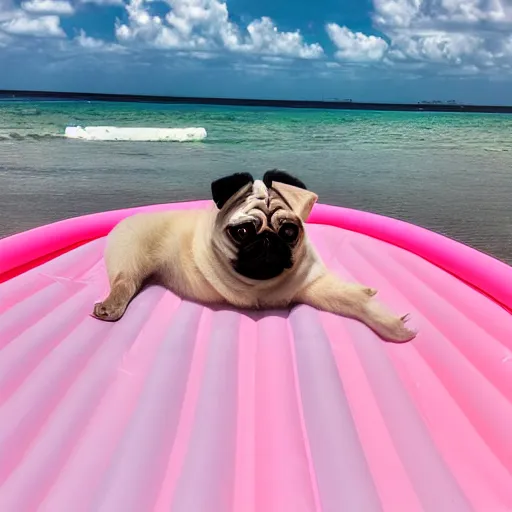 Image similar to dreamland blush colored sky covered with light feathery pink clouds on a reflective waveless flat open infinite ocean mirroring the sky with a pug sliding down an inflatable waterslide in the middle