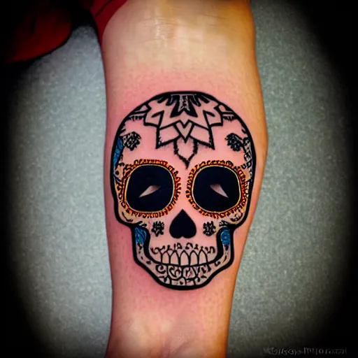 Prompt: a small vector tattoo design. tribal. sugar skull.