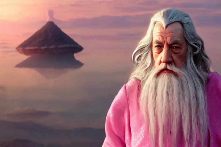 Prompt: portrait of Gandalf wearing pink Hello kitty costume, serene expression, sunrise, movie still from Lord of the Rings, cinematic