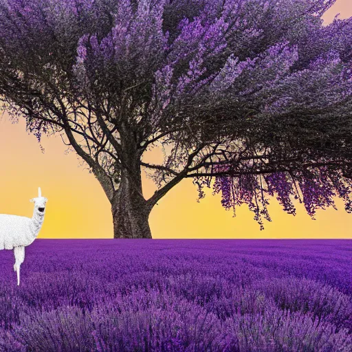 Image similar to lavender llama sitting in a field at sunset, 4k, hd, photorealistic