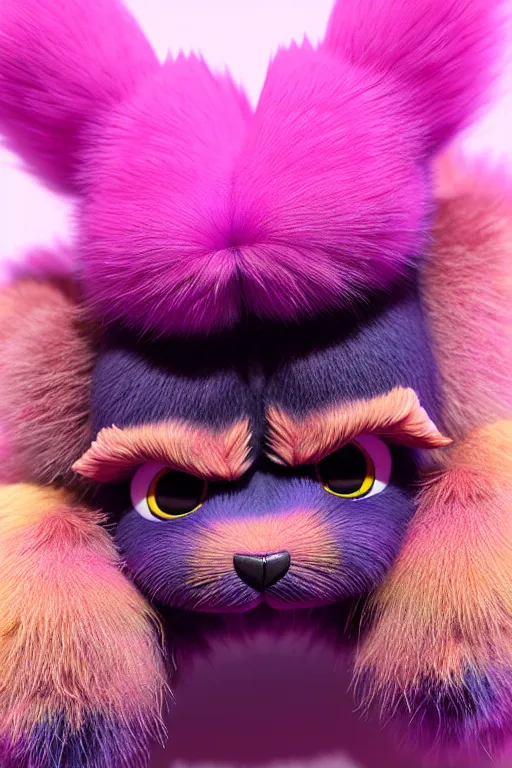 Image similar to high quality 3 d render hyperrealist very cute multicolor stripped fluffy! tarantula cat hybrid highly detailed, vray smooth, in the style of detective pikachu, hannah yata charlie immer, dramatic pink light, low angle, uhd 8 k, sharp focus