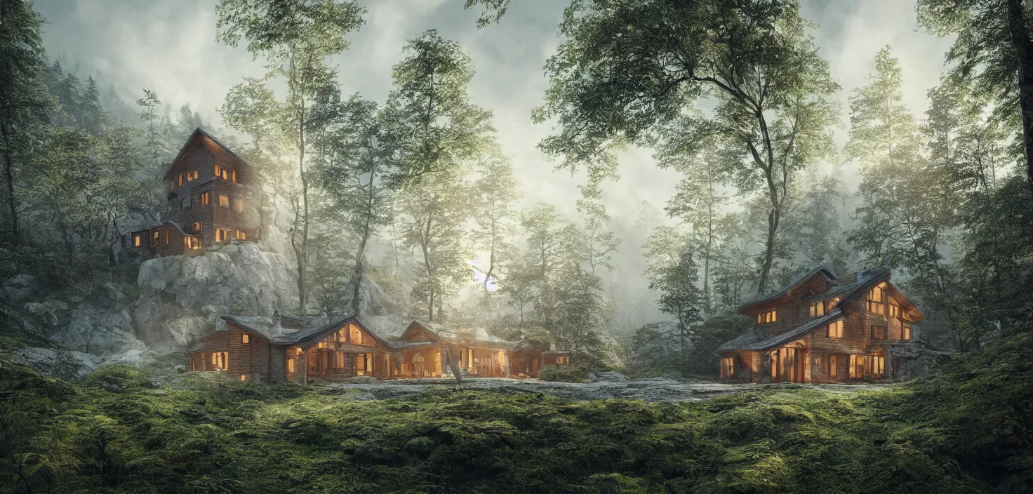 Image similar to beautiful large scandinavian house in the forest on a hill, a large waterfall flows down from the mountain in the background, octane render, fabulous, hyper detailed, random cinematic view, no noise, global illumination, warm lighting, volumetric, godrays, vivid, by jordan grimmer