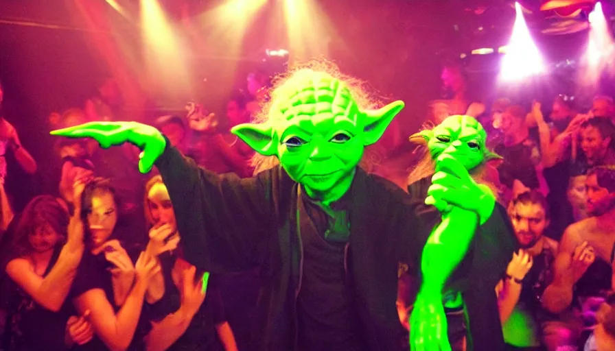 Image similar to Yoda in the nightclub, ibiza, rave