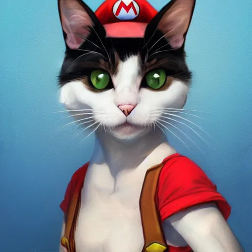 Image similar to Portrait of a Cat dressed as Super Mario, kawaii aesthetic, nintendo, highly detailed, digital painting, artstation, concept art, smooth, sharp focus, illustration, art by artgerm and greg rutkowski and alphonse mucha