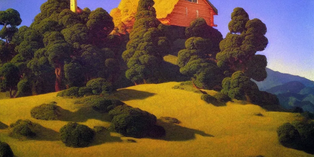 Image similar to a log cabin on a windy hillside, style of maxfield parrish, oil painting, high art,