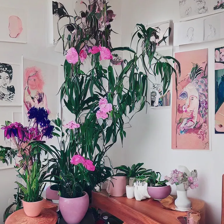 Prompt: “art in an Australian artist’s apartment, organic, portrait of women, pink and blue hair, lesbian, ikebana, Japanese pottery, sacred feminine, womanhood”