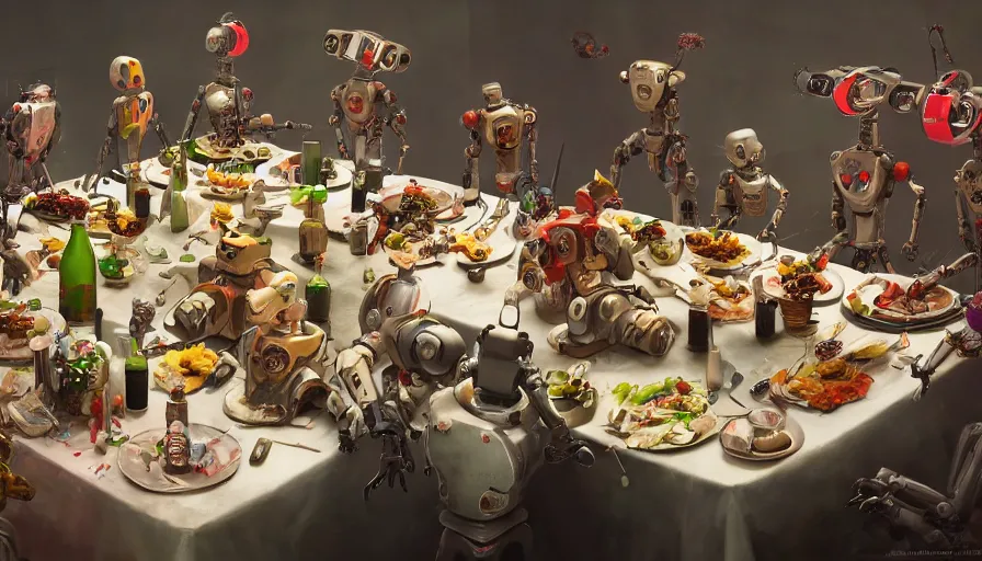 Image similar to a table dinner of robots where robots are dressed like the characters from the midsommar movie, cinematic, hyperdetailed, octane render, trending on art station, ultrarealistic