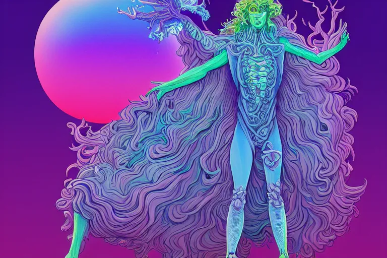 Prompt: cell shaded, a vaporwave ombre biomechanical druid of creativity, flowing hair, beautiful character fashion design, by josan gonzalez, shag, nagel, and paul lehr and david heskin and seb mckinnon and jared s. merantz and alex grey, hi - fructose, 8 k, digital matte painting