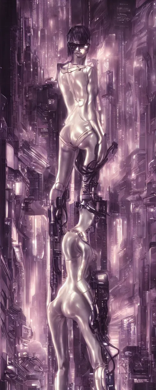 Image similar to beauty Blade Runner woman, futuristic mechanical, cyberpunk, dramatic lighting, lots of cables and wiring, electrical details, trending on artstation, by Hajime Sorayama and Boris Vallejo