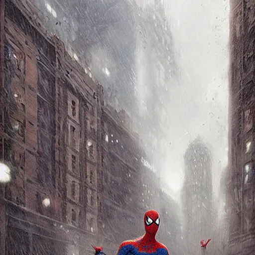 Prompt: Spiderman in a mirror room with no roof, Greg Rutkowski, raining