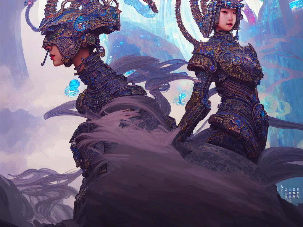Image similar to portrait of futuristic knights of zodiac girl, abstract chinese dragon character concept art, at future neon tokyo light rooftop, ssci - fi and fantasy, intricate and very very beautiful and elegant, highly detailed, digital painting, artstation, smooth and sharp focus, illustration, art by tan zi and ayanamikodon and alphonse mucha and wlop