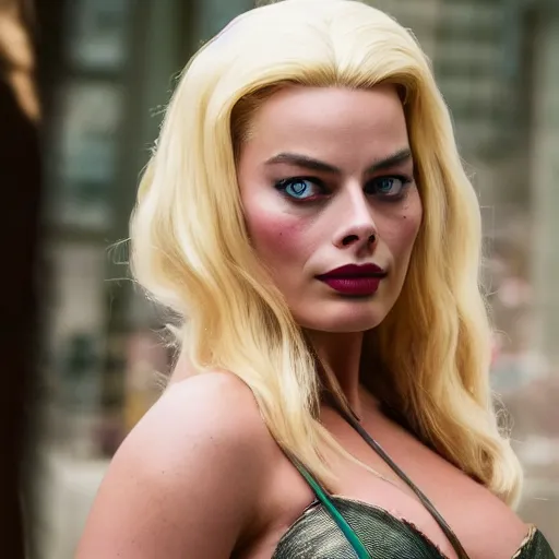 Image similar to margot Robbie wearing a cosplay costume, detailed face, 4k, hd, cinematic