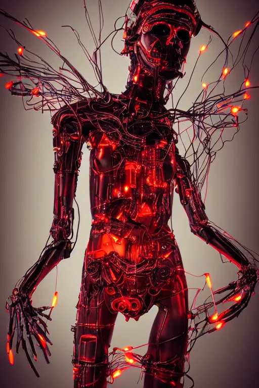 Image similar to full-body cyberpunk style sculpture of a young beautiful dark priestess, half android with a head opening exposing circuitry, glowing red eyes, black roses, flowing blood red colored silk, fabric, candles. baroque elements, human skull. full-length view. baroque element. intricate artwork by Caravaggio. crows flying in background. Trending on artstation, octane render, cinematic lighting from the right, hyper realism, octane render, 8k, depth of field, 3D