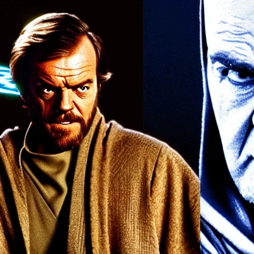 Image similar to jack nicholson as obi wan kenobi in star wars episode 3, 8k resolution, full HD, cinematic lighting, award winning, anatomically correct