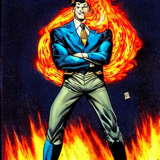 Image similar to a man in a blue suit standing in front of a fire ball, a comic book panel by jim lee, featured on deviantart, rayonism, dc comics, apocalypse art, parallax