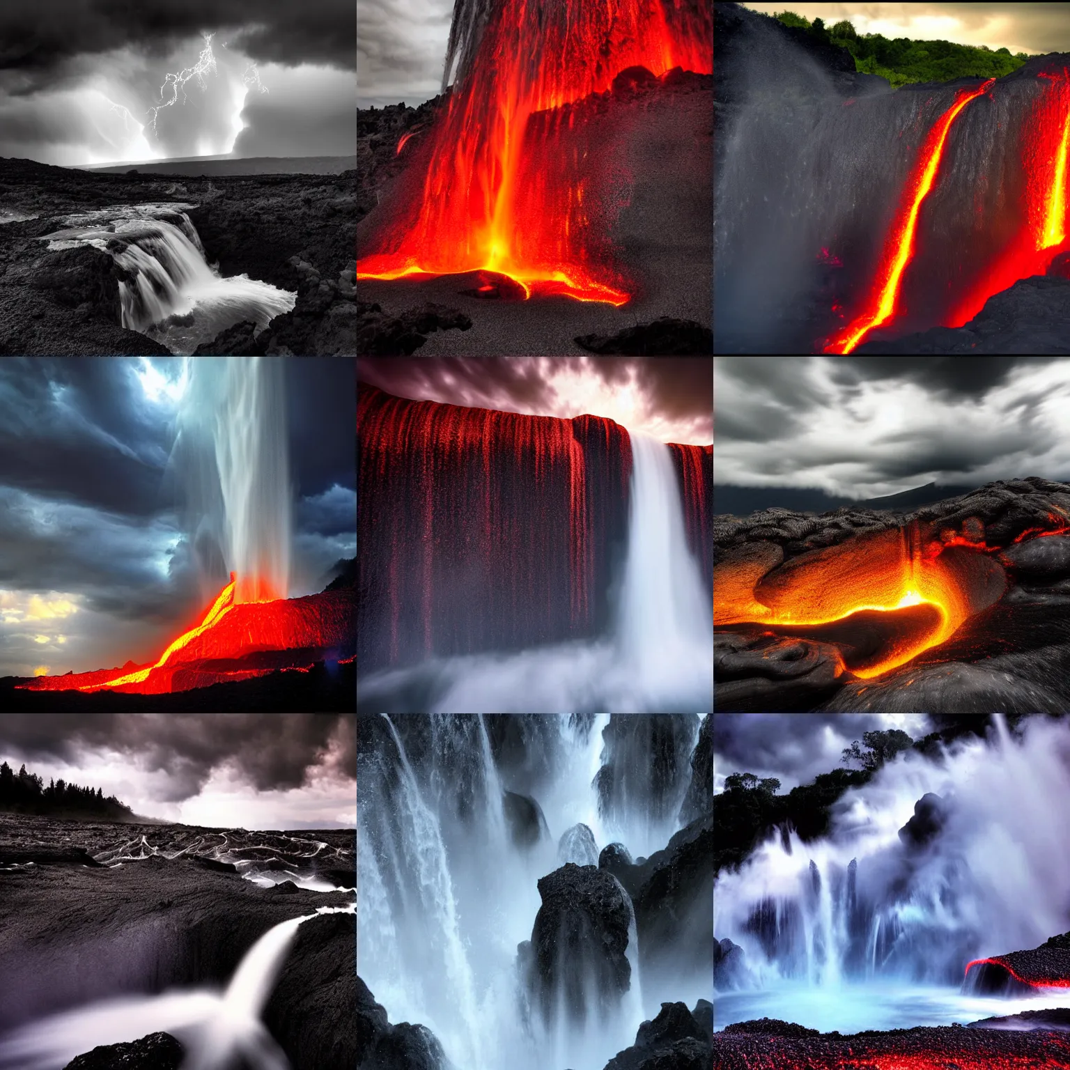 Prompt: lava waterfall, phantasy, dark mood, dramatic clouds, godrays