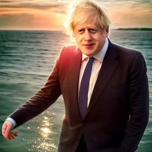 Prompt: Boris Johnson wearing suit and necktie dancing on water, detailed facial features, evokes feelings of joy, beautiful flowing fabric, sunset, dramatic angle, realistic and detailed, by studio trigger, pixiv dslr photo by Makoto Shinkai rossdraws and Wojtek Fus