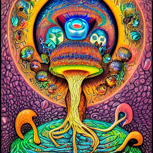 Image similar to mushroom of life painting by aaron brooks, chris dyer, android jones, and alex grey, highly detailed, high quality, high definition, 8k photo