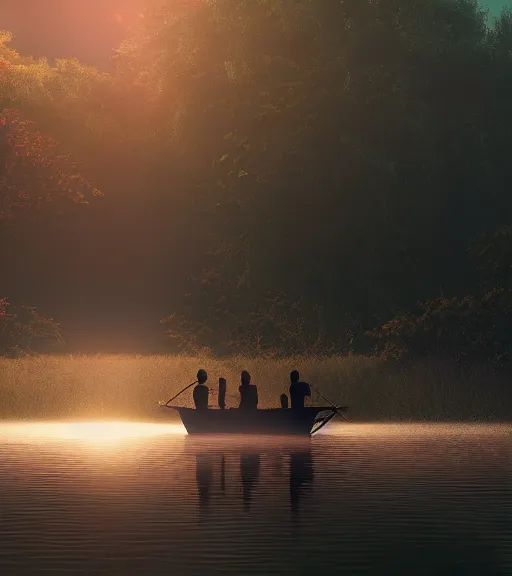 Image similar to three humans in a boat with a reflection of three crows in a swamp, volumetric lighting, fog, majestic light, octane render, ethereal glare of the sun, hyperrealistic, epic, masterpiece, by makoto shinkai