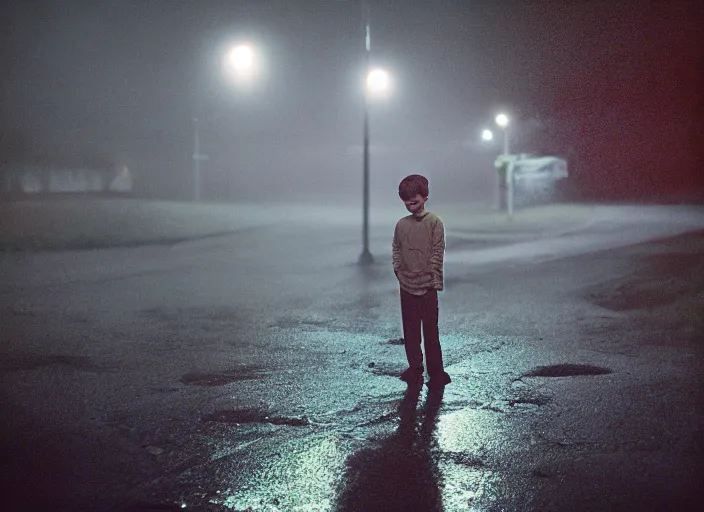 Prompt: kodak portra 4 0 0, photographic of a sad boys in the style of gregory crewdson, high detail, suburb, night, fog, rain