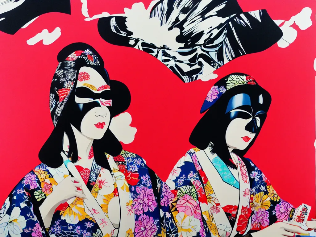 Image similar to hyperrealism composition of the detailed woman in a japanese kimono sitting at a poker table with darth vader, fireworks, waves in the ocean with mountains in the background, pop - art style, jacky tsai style, andy warhol style, acrylic on canvas