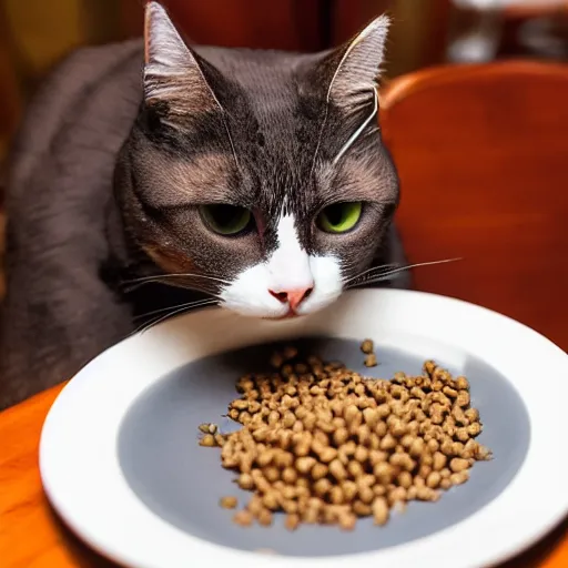 Image similar to cat in a suit eating a plate of cat food at a fancy restaurant