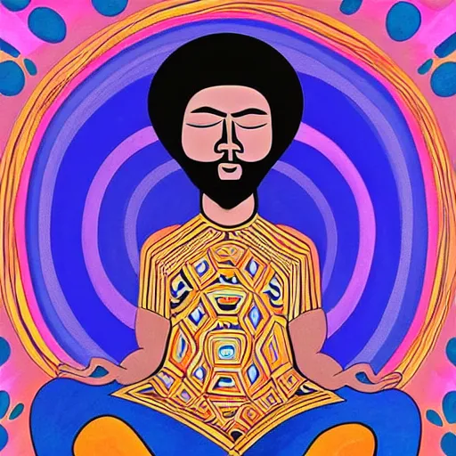 Image similar to A beautiful painting of a man with a large head, sitting in what appears to be a meditative pose. His eyes are closed and he has a serene look on his face. His body is made up of colorful geometric shapes and patterns that twist and turn in different directions. It's almost as if he's sitting in the middle of a kaleidoscope! electric purple by Peter Holme III, by Phoebe Anna Traquair ghostly, sinister